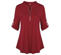 BEPEI Damen-Shirt, Blumenmuster, 3/4-Ärmel, Reißverschluss, V-Ausschnitt, Chiffon-Blusen, Z-Wein, XX-Large