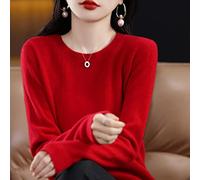 BEQUAH Wollpullover Neuer Kaschmirpullover Damen Casual Rundhals Pullover Mode Strickwaren Damen Herbst und Winter All-Match Einfarbig Pullover - Rot, XXL, Cn