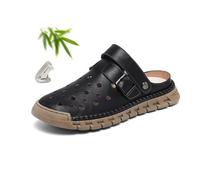 Bequeme atmungsaktive Leder-Sandalen für Herren, Leder, geschlossene Zehen, orthopädische Aushöhlungen, Sommer-Sandalen, Fischerschuhe für Spaziergänge, Wandern, Strand, Schwarz , 43 EU