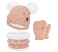 Bequemer Laden Baby Mädchen Jungen Winter Warm Mütze Loop Schal Handschuhe Set, Kinder Pompom Wintermütze Strickmütze Beanie Fäustlinge Schlauchschal für 0-4 Jahre Kleinkinder Neugeborenen, Rosa