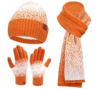 Bequemer Laden Damen Winter Warm Mütze Touchscreen Handschuhe und Lang Schal Set mit Fleece Gefütterte, Thermo Wintermütze Strickmütze Beanie Winterhandschuhe Strickhandschuhe Schals, Orange Weiß