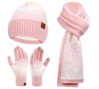 Bequemer Laden Damen Winter Warm Mütze Touchscreen Handschuhe und Lang Schal Set mit Fleece Gefütterte, Thermo Wintermütze Strickmütze Beanie Winterhandschuhe Strickhandschuhe Schals, Rosa Weiß