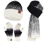 Bequemer Laden Damen Winter Warm Mütze Touchscreen Handschuhe und Lang Schal Set mit Fleece Gefütterte, Thermo Wintermütze Strickmütze Beanie Winterhandschuhe Strickhandschuhe Schals,Weiß Schwarz