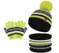 Bequemer Laden Kinder Baby Wintermütze Gestreifte Pompon Beanie Mütze und Schal Handschuhe Strickset für Jungen Mädchen mit Thermal Fleece Futter,Zitronengrün,Einheitsgröße