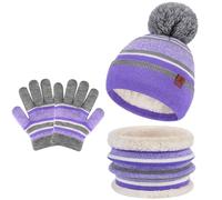 Bequemer Laden Kinder Baby Wintermütze Gestreifte Pompon Beanie Mütze und Schal Handschuhe Strickset für Jungen Mädchen mit Thermal Fleece Futter,Lila,Einheitsgröße