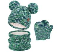 Bequemer Laden Kinder Winter Mütze Loop Schal Handschuhe Set, Pompom Wintermütze Strickmütze Schlauchschal Fäustlinge für 0 6 12 18 Monate Baby Kleinkinder 0-4 Jahre Mädchen Jungen, Grün