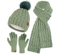 Bequemer Laden Winter Damen Mütze mit Bommel Lange Schal Touchscreen Handschuhe Set Warm Beanie Wintermütze Strickmütze Fleece Gefütterte Winterhandschuhe Schals für Damen Frauen Geschenk, Mintgrün