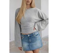 Bequemes Damen Grau gestricktes Rundhals Langarm Regular Fit T-Shirt für den Alltag