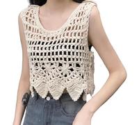 Berax Crop Top Damen Crochet Tank Top Sommer Kurz Hollow-Out Häkel-Tanktop Boho Camisole,Beige