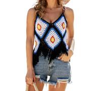 Berax Damen Crochet Tank Top Häkel-Tanktop Boho Crop Top Camisole mit Quasten,Schwarz Large