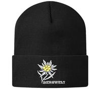Bergwelt Beanie mit Edelweiß und Schriftzug gesticktes Motiv Rollmütze Strickmütze | Mütze Schwarz, Stickmotiv weiß/gelb