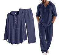 bergxperten Hausgute anzug Herren Kapuze Casual Loose Top & Hose 2-teiliges Set, Leinenmischung Freizeitanzug Herren Langarm Hoodie mit Knopfleiste Jogginghose Kordelzug Taschen Sommer Alltag Urlaub