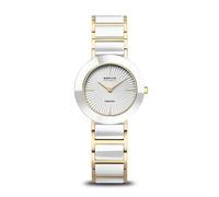 BERING Ceramic Damenuhr, Edelstahl mit Keramikelementen, Bicolor Gold-Weiß, Saphirglas, 4 Diamanten, Quarzwerk, 29 mm