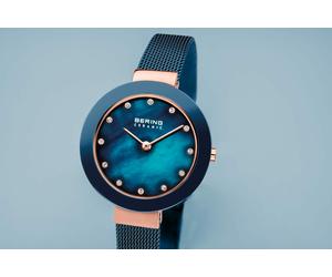 Bering Damen Armbanduhr Roségold glänzend, Blaues Perlmut-Zifferblatt Swarovski ...