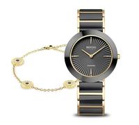 BERING Damen-Geschenkset, Keramik-Uhr mit Swarovski-Kristallen und Armband, Schwarz/Gold, 11435-732-GWP