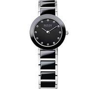 BERING Damen Quarz Uhr | Armbanduhr 22 mm silbernes Edelstahlgehäuse und schwarzes Zifferblatt | Edelstahlband mit Keramikelementen | 5 ATM | 11422-742