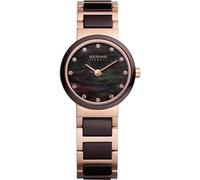 BERING Damen Quarz Uhr | Armbanduhr 25 mm roségoldenes Edelstahlgehäuse und braunes Zifferblatt | Edelstahlband mit Keramikelementen | 5 ATM | 10725-765