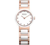 BERING Damen Quarz Uhr | Armbanduhr 25 mm roségoldenes Edelstahlgehäuse und weißes Zifferblatt | Edelstahlband mit Keramikelementen | 5 ATM | 10725-766