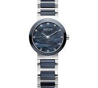 BERING Damen Quarz Uhr | Armbanduhr 25 mm silbernes Edelstahlgehäuse und blaues Zifferblatt | Edelstahlband mit Keramikelementen | 5 ATM | 10725-787