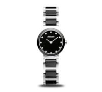 BERING Damen Quarz Uhr | Armbanduhr 25 mm silbernes Edelstahlgehäuse und schwarzes Zifferblatt | Edelstahlband mit Keramikelementen | 5 ATM | 10725-742