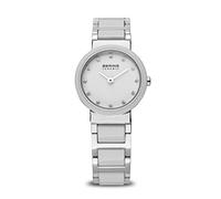 BERING Damen Quarz Uhr | Armbanduhr 25 mm silbernes Edelstahlgehäuse und weißes Zifferblatt | Edelstahlband mit Keramikelementen | 5 ATM | 10725-754