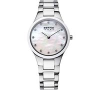 BERING Damen Quarz Uhr | Armbanduhr 27 mm silbernes Edelstahlgehäuse und weißes Zifferblatt | Edelstahlband mit Keramikelementen | 5 ATM | 32327-701