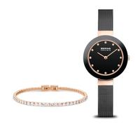BERING Damen Quarz Uhr | Armbanduhr 29 mm roségoldenes Edelstahlgehäuse und schwarzes Zifferblatt | Milanaisearmband | Saphierglas | 5 ATM | 11429-166-GWP1