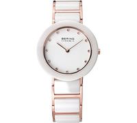 BERING Damen Quarz Uhr | Armbanduhr 29 mm roségoldenes Edelstahlgehäuse und weißes Zifferblatt | Edelstahlband mit Keramikelementen | 5 ATM | 11429-766