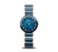BERING Damen Quarz Uhr | Armbanduhr 29 mm silbernes Edelstahlgehäuse und blaues Zifferblatt | Edelstahlband mit Keramikelementen | 5 ATM | 11429-787