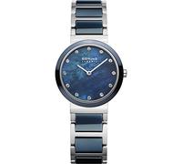 BERING Damen Quarz Uhr | Armbanduhr 29 mm silbernes Edelstahlgehäuse und blaues Zifferblatt | Edelstahlband mit Keramikelementen | 5 ATM | 10729-787