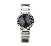 BERING Damen Quarz Uhr | Armbanduhr 29 mm silbernes Edelstahlgehäuse und graues Zifferblatt | Edelstahlband mit Keramikelementen | 5 ATM | 10729-703