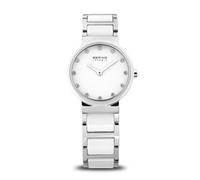 BERING Damen Quarz Uhr | Armbanduhr 29 mm silbernes Edelstahlgehäuse und weißes Zifferblatt | Edelstahlband mit Keramikelementen | 5 ATM | 10729-754