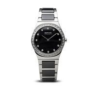BERING Damen Quarz Uhr | Armbanduhr 30 mm silbernes Edelstahlgehäuse und schwarzes Zifferblatt | Edelstahlband mit Keramikelementen | 5 ATM | 32430-742