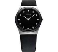 BERING Damen Quarz Uhr | Armbanduhr 30 mm silbernes Edelstahlgehäuse und schwarzes Zifferblatt | Kalbslederarmband | Saphierglas | 5 ATM | 32230-442
