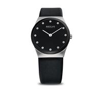 BERING Damen Quarz Uhr | Armbanduhr 30 mm silbernes Edelstahlgehäuse und schwarzes Zifferblatt | Kalbslederarmband | Saphierglas | 5 ATM | 32230-448