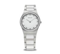 BERING Damen Quarz Uhr | Armbanduhr 30 mm silbernes Edelstahlgehäuse und weißes Zifferblatt | Edelstahlband mit Keramikelementen | 5 ATM | 32430-754
