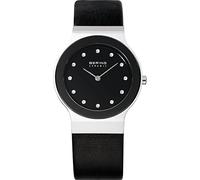 BERING Damen Quarz Uhr | Armbanduhr 34 mm silbernes Edelstahlgehäuse und schwarzes Zifferblatt | Kalbslederarmband | Saphierglas | 5 ATM | 32834-442