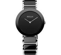 BERING Damen Quarz Uhr | Armbanduhr 35 mm silbernes Edelstahlgehäuse und schwarzes Zifferblatt | Edelstahlband mit Keramikelementen | 3 ATM | 11435-742