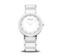 BERING Damen Quarz Uhr | Armbanduhr 35 mm silbernes Edelstahlgehäuse und weißes Zifferblatt | Edelstahlband mit Keramikelementen | 3 ATM | 11435-754
