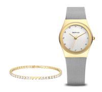 BERING Damen Quarz Uhr Set | Armbanduhr 27 mm goldenes Edelstahlgehäuse und weißes Zifferblatt | Milanaisearmband | Saphierglas | 3 ATM | 12927-001-GWP