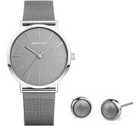 BERING Damen Set mit Analog Quarz Armbanduhr und Ohrringen Grau 13436-309-GWP