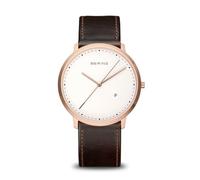 BERING Herren Quarz Uhr | Armbanduhr 39 mm roségoldenes Edelstahlgehäuse und weißes Zifferblatt | Kalbslederarmband | Saphierglas | 3 ATM | 11139-564