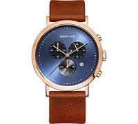 BERING Herren Quarz Uhr | Armbanduhr 40 mm roségoldenes Edelstahlgehäuse und blaues Zifferblatt | Kalbslederarmband | Saphierglas | 5 ATM | 10540-467
