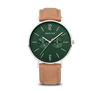 BERING Herren Quarz Uhr | Armbanduhr 40 mm silbernes Edelstahlgehäuse und grünes Zifferblatt | Kalbslederarmband | Saphierglas | 3 ATM | 14240-608