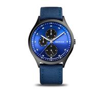BERING Herren Quarz Uhr | Armbanduhr 41 mm schwarzes Titangehäuse und blaues Zifferblatt | Natoarmband | Saphierglas | 5 ATM | 11741-827