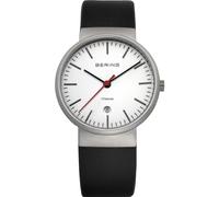 BERING Unisex Quarz Uhr | Armbanduhr 36 mm silbernes Titangehäuse und weißes Zifferblatt | Kalbslederarmband | Saphierglas | 3 ATM | 11036-404
