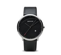 BERING Unisex Quarz Uhr | Armbanduhr 39 mm silbernes Edelstahlgehäuse und schwarzes Zifferblatt | Kalbslederarmband | Saphierglas | 3 ATM | 11139-402