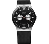 BERING Unisex Quarz Uhr | Armbanduhr 39 mm silbernes Edelstahlgehäuse und schwarzes Zifferblatt | Milanaisearmband | Saphierglas | 5 ATM | 32139-202