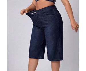 Bermuda-Shorts aus Stretch-Denim für Damen, dunkelblau, lässige Sommeroutfits, einfarbig, lässig, hochelastisch, gerade, locker geschnitten, mit Tasch