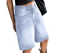 Bermuda Shorts Damen Jeans Vintage Blau Denim Shorts Baggy Y2K Streetwear Boyfriend Gewaschene Weite Bein Kurze Hose Sommer Knielang Jeanshose Casual Harajuku Hotpants Mädchen Hohe Taille Jeansshorts